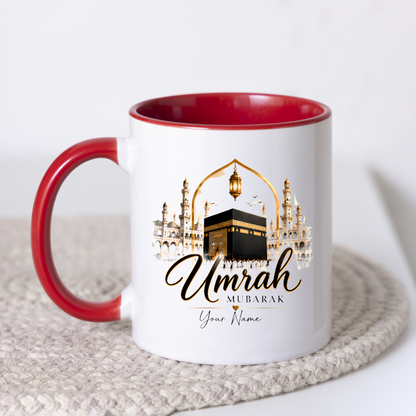 Personalised Umrah Mubarak Mug 325ml Ceramic Coffee Tea Cup – Custom Name, Golden Kaaba & Masjid Al-Haram Architecture Religious Pilgrimage Gift for Family, Friends, Hajj, Umrah Celebration – Fast Dispatch by UK Seller (M3484)