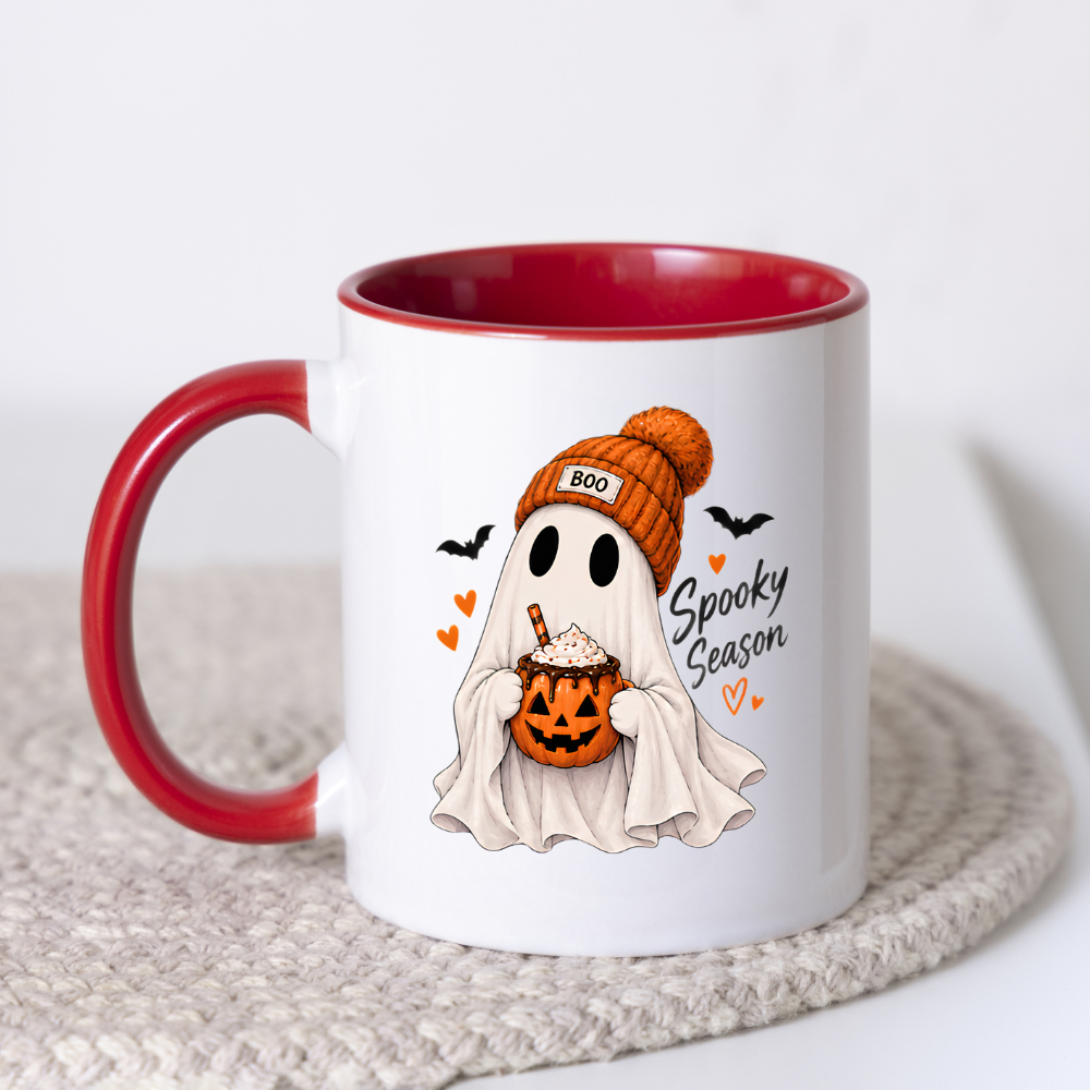 Halloween Mug "Ghost Spooky Season" Ghost Spooky Season 325ml Ceramic Coffee Mug – Cute Halloween Autumn Tea Cup with Sheet Ghost, "BOO" Orange Beanie Pumpkin Spice Coffee Mug Graphic Gift | Available in Multicolours | Fast Dispatch by UK Seller (M3222)