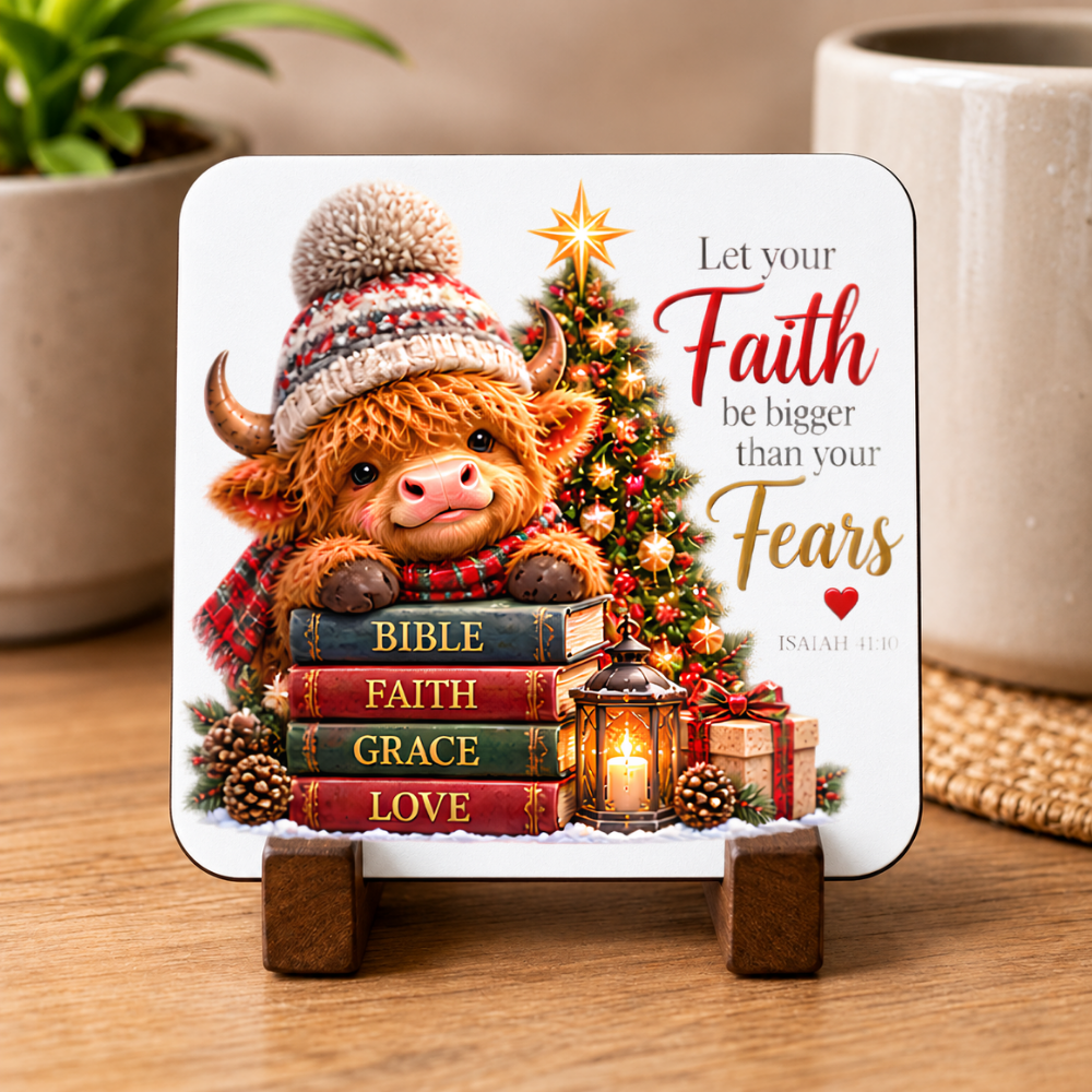 Festive Christian Christmas Coaster "Let Your Faith Be Bigger Than Your Fears Isaiah 41:10" Graphic Glossy Hardboard 9x9cm Drinks Mat – Highland Cow, Stack of Books & Christmas Tree Holiday Tableware Gift | Fast Dispatch by UK Seller (C3060)