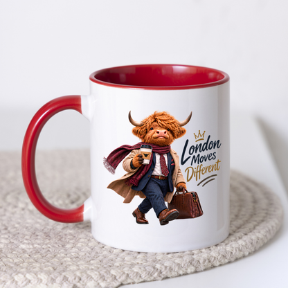 London Mug "London Moves Different Gentlemen Highland Cow" 325ml Ceramic Coffee Mug – Dapper Gentleman Highland Cow Commuter With Coffee Leather Briefcase Trench Coat Office Gift | Available in Multicolours | Fast Dispatch by UK Seller (M3283)