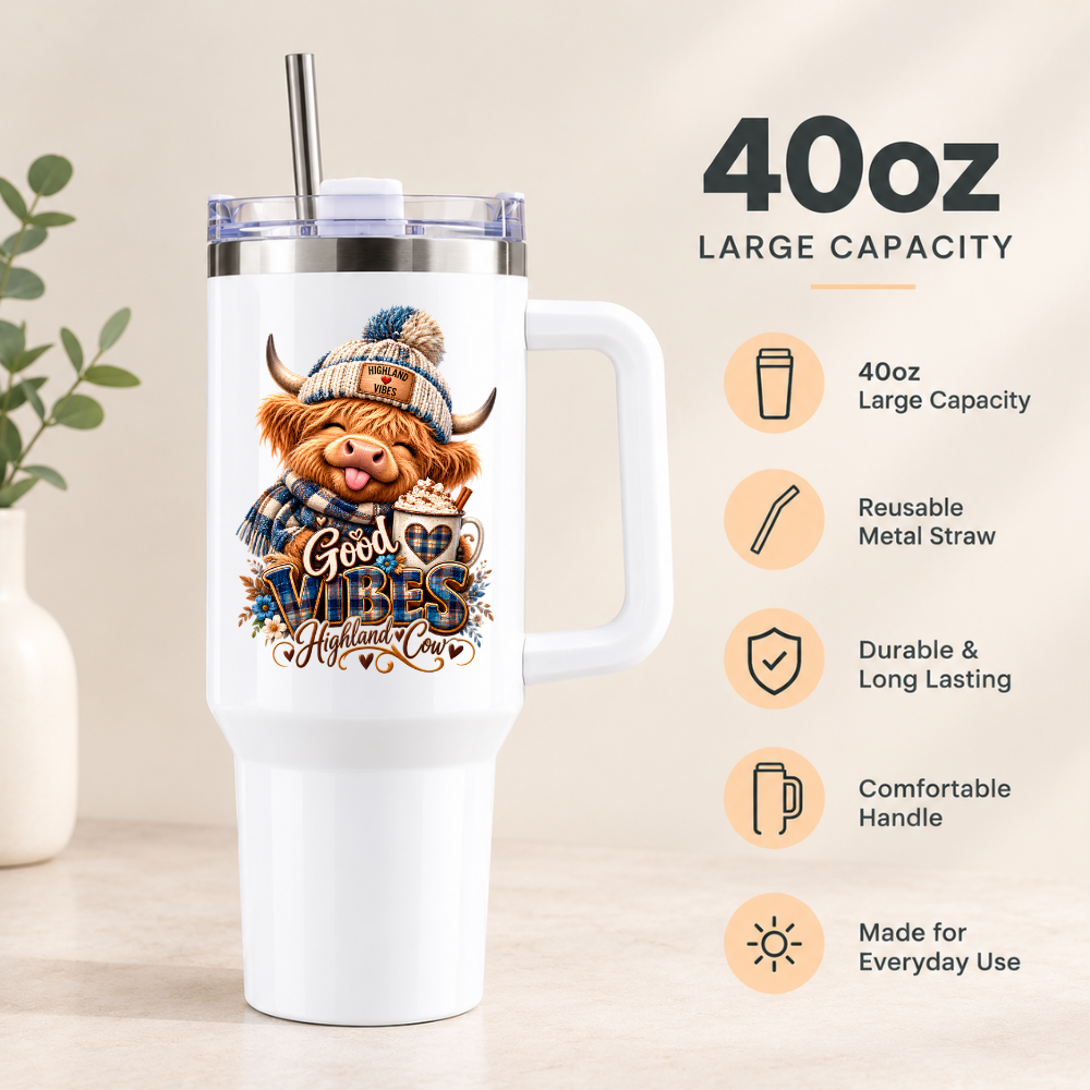 Cute Highland Cow Travel Tumbler "Good Vibes Highland Cow" Graphic 40oz Stainless Steel Insulated Travel Mug with Handle & Straw â€“ Winter Calf in Bobble Hat & Scarf with Hot Chocolate Novelty Travel Cup | Fast Dispatch by UK Seller (T3002)