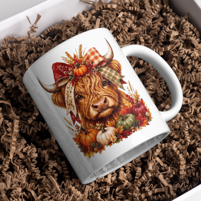 Autumn Harvest Highland Cow Coffee Mug - Fall Pumpkin & Plaid Bow Farmhouse Animal Ceramic Tea Cup for Thanksgiving & Rustic Kitchen Decor (M1207)