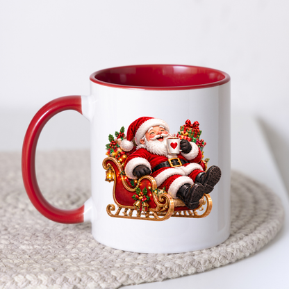 Christmas Mug "Relaxing Santa Sleigh Coffee Heart" Relaxing Santa Sleigh 325ml Ceramic Coffee Mug – Festive Christmas Tea Cup with Jolly Santa Claus In Sleigh Heart Mug Graphic Gift | Available in Multicolours | Fast Dispatch by UK Seller (M3182)
