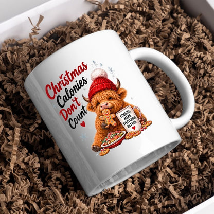 Festive Mug "Christmas Calories Don't Count" Highland Cow 325ml Ceramic Coffee Mug Cute Holiday Tea Cup with Gingerbread Man, Beanie & Cookies Gift | Available in Multicolours | Fast Dispatch by UK Seller (M1296)