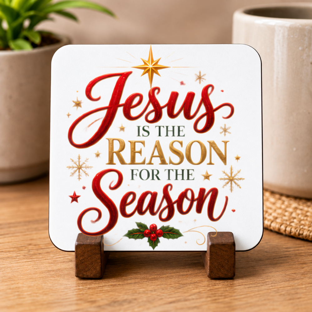 Inspirational Religious Hardboard Coaster "Jesus Is The Reason For The Season" Graphic 9cm x 9cm Square Drinks Coaster "Red Script & Gold S