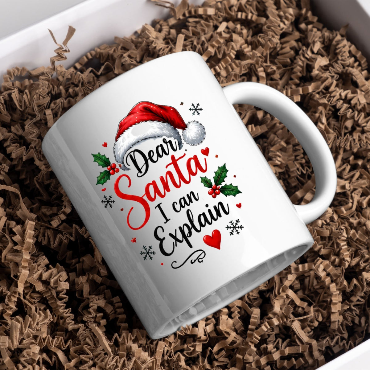 Humorous Mug "Dear Santa I can Explain" Santa Hat 325ml Ceramic Coffee Mug Funny Winter Holiday Tea Cup with Holly Berries & Slogan Gift | Available in Multicolours | Fast Dispatch by UK Seller (M1266)
