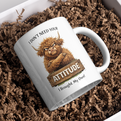 Funny Grumpy Highland Cow "I Don't Need Your Attitude" Coffee Mug - Sarcastic Farm Animal Ceramic Tea Cup with Crossed Arms & Wooden Sign Quote Gift (M1208)
