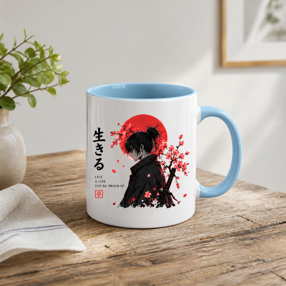 Japanese Anime Samurai Mug "LIVE A LIFE You'Re Proud Of" Red Sun & Cherry Blossom 325ml Ceramic Coffee Mug – Aesthetic Warrior Tea Cup with Kanji Katana Graphic Gift | Available in Multicolours | Fast Dispatch by UK Seller (M3032)