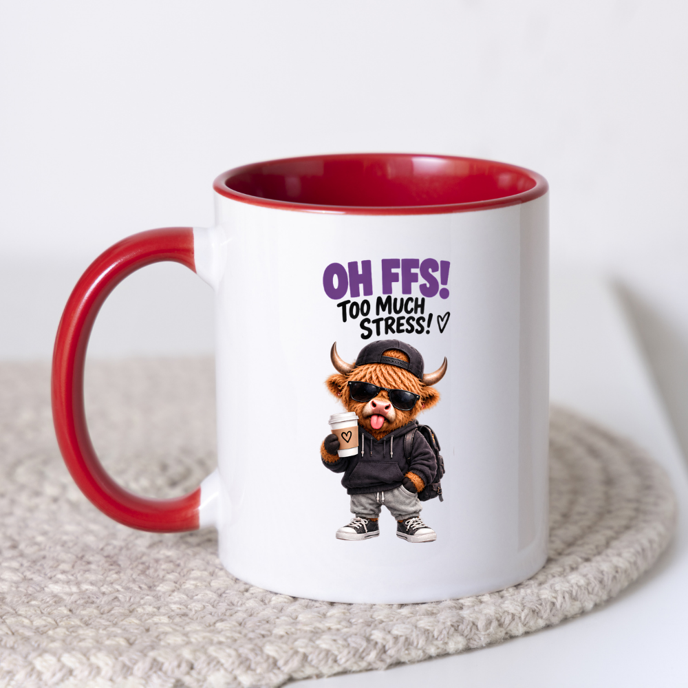 Highland Cow Stress Coffee Mug "OH FFS! Too Much Stress!" Oh Ffs! Too Much Stress! 325ml Ceramic Coffee Mug – Cute Highland Cow in Hoodie, Cap & Sunglasses with Coffee Cup | Funny Work Gift | Fast Dispatch by UK Seller (M3385)