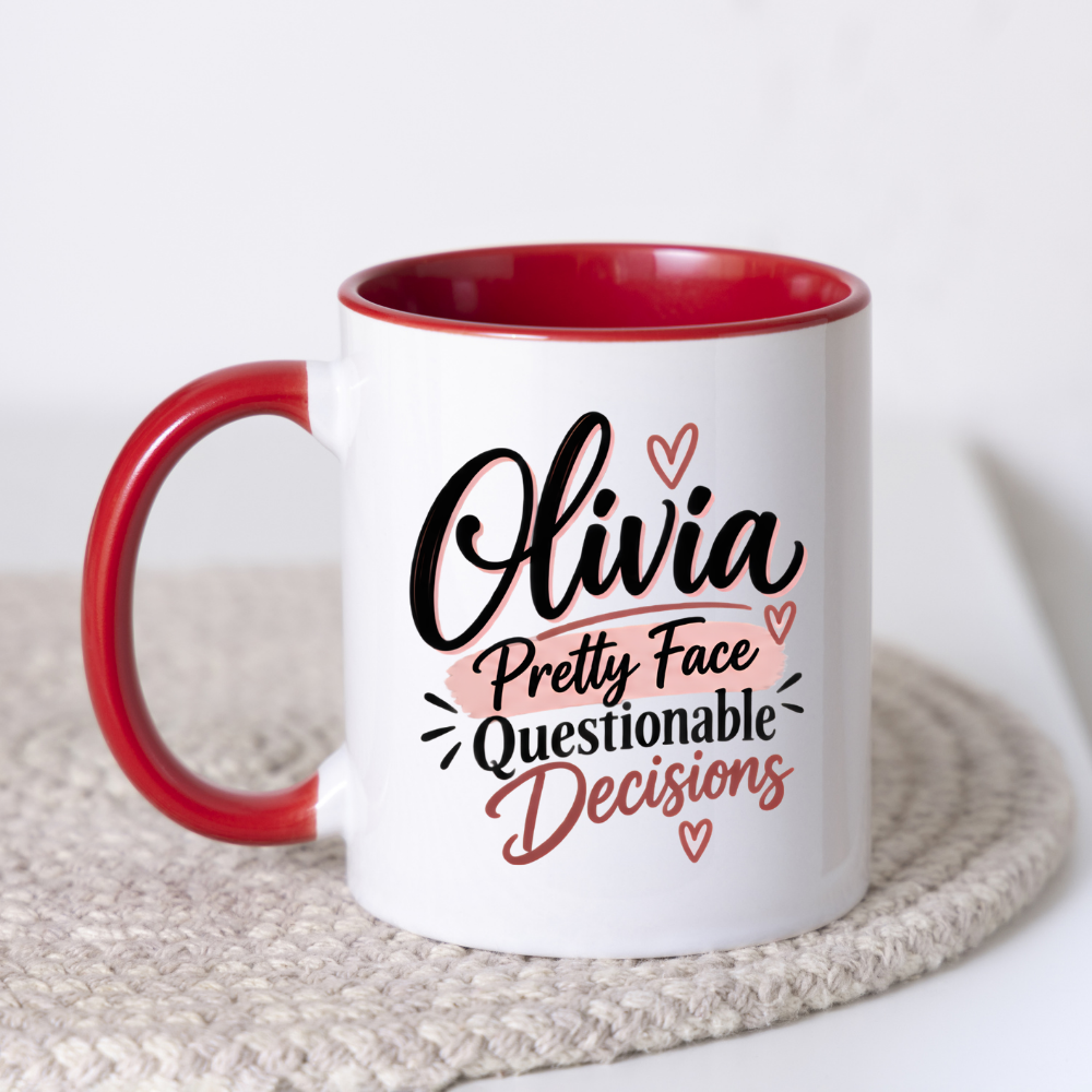 Personalized Name Mug "Olivia Pretty Face Questionable Decisions" Olivia Pretty Face Questionable Decisions 325ml Ceramic Coffee Mug – Custom Name Typography Slogan with Pink Brushstrokes & Hearts | Funny Gift | Fast Dispatch by UK Seller (M3406)