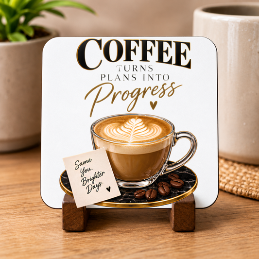 Inspirational Coffee Hardboard Coaster "Coffee Turns Plans Into Progress" Graphic 9cm x 9cm Square Drinks Coaster â€“ Latte Art Glass Cup with Marble Saucer Novelty Mat | Elegant Glossy Gift for Coffee Lovers | Fast Dispatch by UK Seller (C3002)