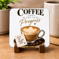Inspirational Coffee Hardboard Coaster "Coffee Turns Plans Into Progress" Graphic 9cm x 9cm Square Drinks Coaster â€“ Latte Art Glass Cup with Marble Saucer Novelty Mat | Elegant Glossy Gift for Coffee Lovers | Fast Dispatch by UK Seller (C3002)