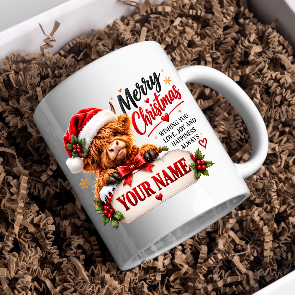 Personalised Christmas Mug "Merry Christmas" 325ml Ceramic Coffee Tea Cup – Santa Hat Highland Cow, Holly Berries, Custom Name & Festive Wish Slogan Novelty Gift for Bestie, Women, Holiday – Fast Dispatch by UK Seller (M3515)