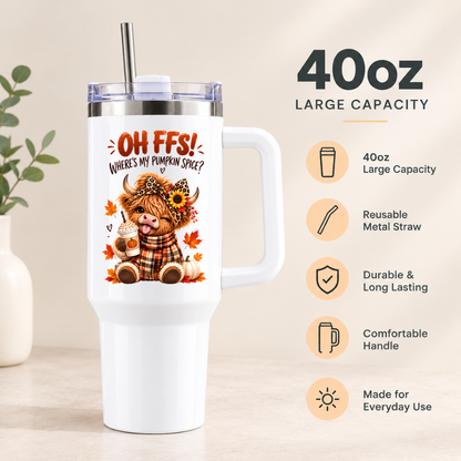 Sassy Highland Cow Travel Tumbler "OH FFS! Where's my Pumpkin Spice?" Graphic 40oz Stainless Steel Insulated Travel Mug with Handle & Straw – Autumn Cow in Plaid Scarf, Sunflower Bow & Iced Coffee Cup Novelty Gift | Fast Dispatch by UK Seller (T3044)