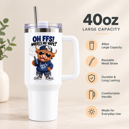 Funny Highland Cow 40oz Tumbler “OH FFS! Where’s My V?” – Boy & Girl Designs | Large White Reusable Travel Cup with Handle & Straw | Cheeky & Sarcastic Gift for Him, Her, Friends & Couples | Fast Dispatch by UK Seller (T1001)