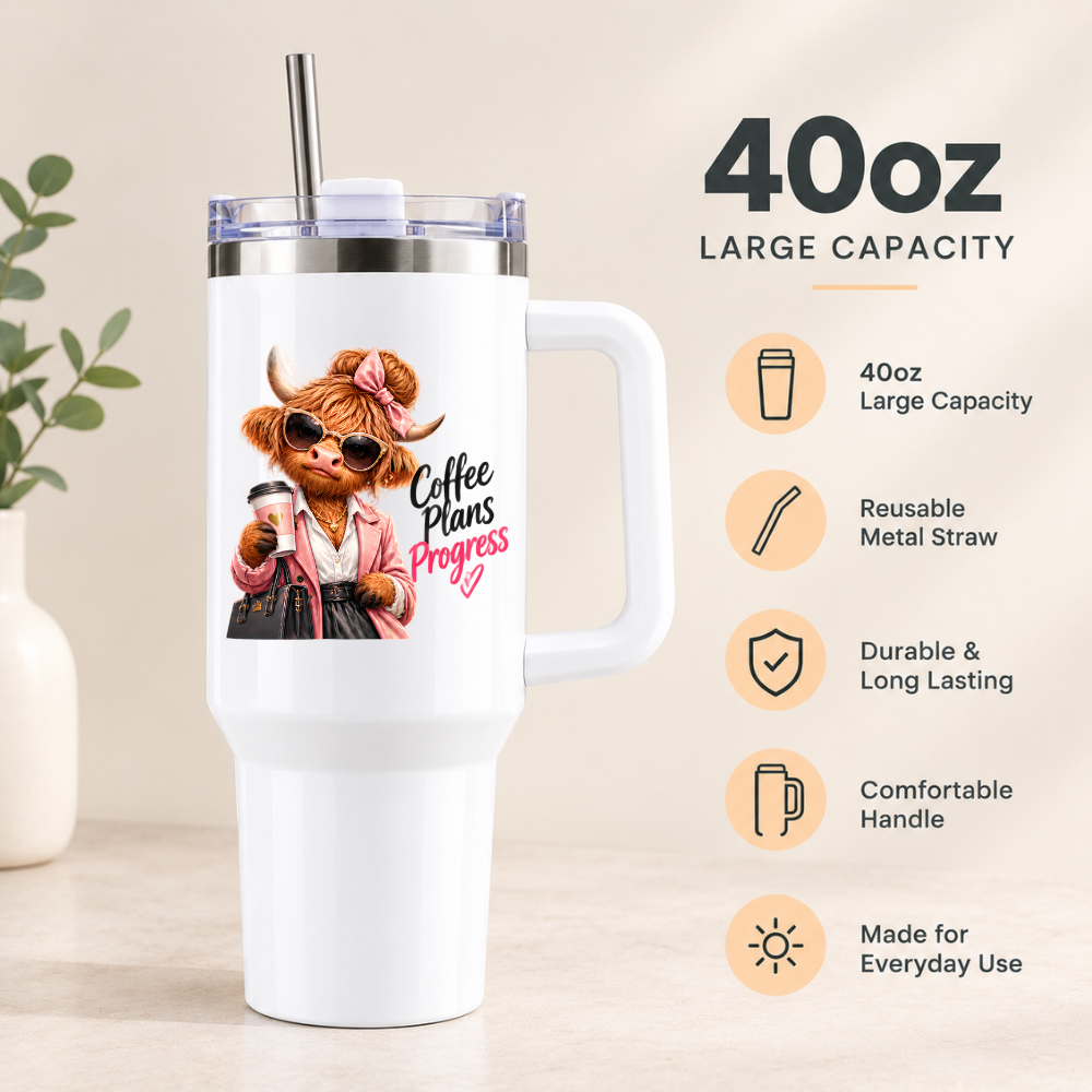 Sassy Highland Cow Travel Tumbler "Coffee Plans Progress" Graphic 40oz Stainless Steel Insulated Travel Mug with Handle & Straw – Fashion Cow in Pink Blazer, Sunglasses, Handbag & Coffee Cup Novelty Travel Cup | Fast Dispatch by UK Seller (T3021)