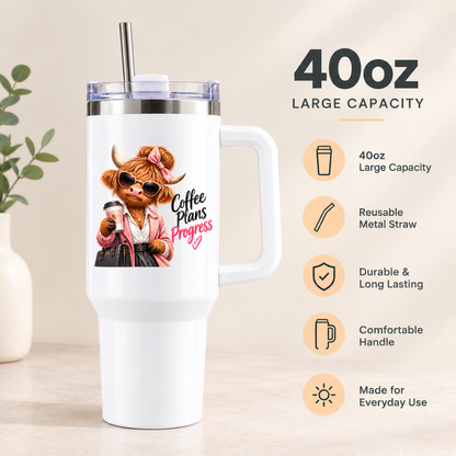 Sassy Highland Cow Travel Tumbler "Coffee Plans Progress" Graphic 40oz Stainless Steel Insulated Travel Mug with Handle & Straw – Fashion Cow in Pink Blazer, Sunglasses, Handbag & Coffee Cup Novelty Travel Cup | Fast Dispatch by UK Seller (T3021)