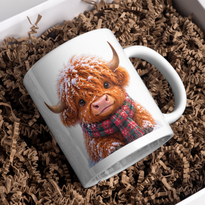 Winter Snow Highland Cow Coffee Mug - Fluffy Baby Animal in Plaid Scarf Ceramic Tea Cup for Christmas & Cozy Holiday Decor (M1215)