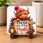 Inspirational Religious Highland Cow Hardboard Coaster "Faith Makes All Things Possible" Graphic 9cm x 9cm Square Drinks Coaster – Cute Cow in Bobble Hat, Cross, Lantern & Scripture Novelty Mat | Christian Glossy Gift | Fast Dispatch by UK Seller (C3040)