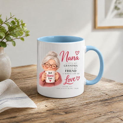 Family Mug "Nana A LITTLE BIT GRANDMA A LITTLE BIT FRIEND A WHOLE LOT OF Love" Sweet Grandma 325ml Ceramic Coffee Mug – Heartwarming Nana Tea Cup with Smiling Grandma & Mini Mug Graphic Gift | Available in Multicolours | Fast Dispatch by UK Seller (M3012)