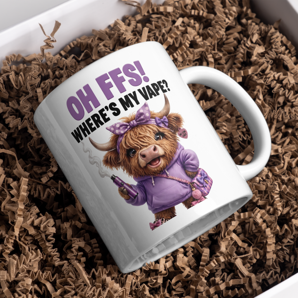 Funny Highland Cow "Where's My Vape" Coffee Mug - Sarcastic Meme Animal Ceramic Tea Cup for Vapers & Novelty Gift (M1205)