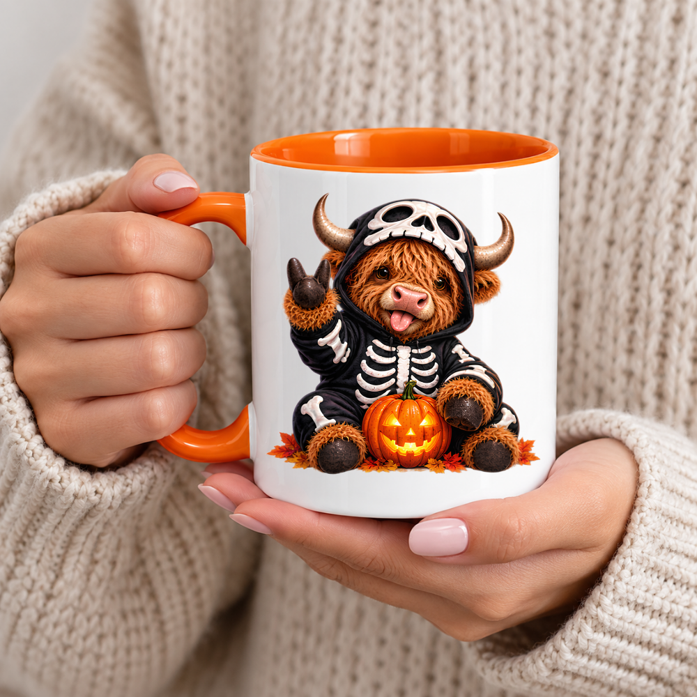 Halloween Mug "Skeleton Hoodie Highland Cow" Skeleton Hoodie Highland Cow 325ml Ceramic Coffee Mug – Halloween Autumn Tea Cup with Skeleton Onesie Skull Hood Glowing Pumpkin Graphic Gift | Available in Multicolours | Fast Dispatch by UK Seller (M3201)