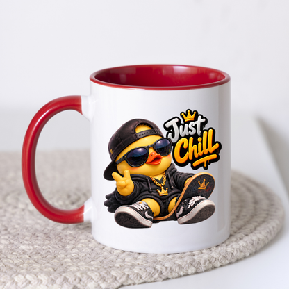 Skateboard Mug "Just Chill Cool Duck" Just Chill 325ml Ceramic Coffee Mug – Cool Skater Duck in Black Hoodie, Cap, Sunglasses & Gold Crown Chain With Skateboard Fun Gift For Skaters Friends | Available in Multicolours | Fast Dispatch by UK Seller (M3252)