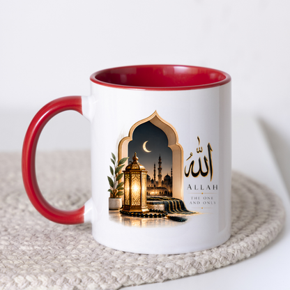 Islamic Mug "Allah The One And Only" Allah The One And Only 325ml Ceramic Coffee Mug – Elegant Arabic Calligraphy, Glowing Lantern & Mosque Archway Artwork | Islamic Spiritual Gift | Fast Dispatch by UK Seller (M3479)