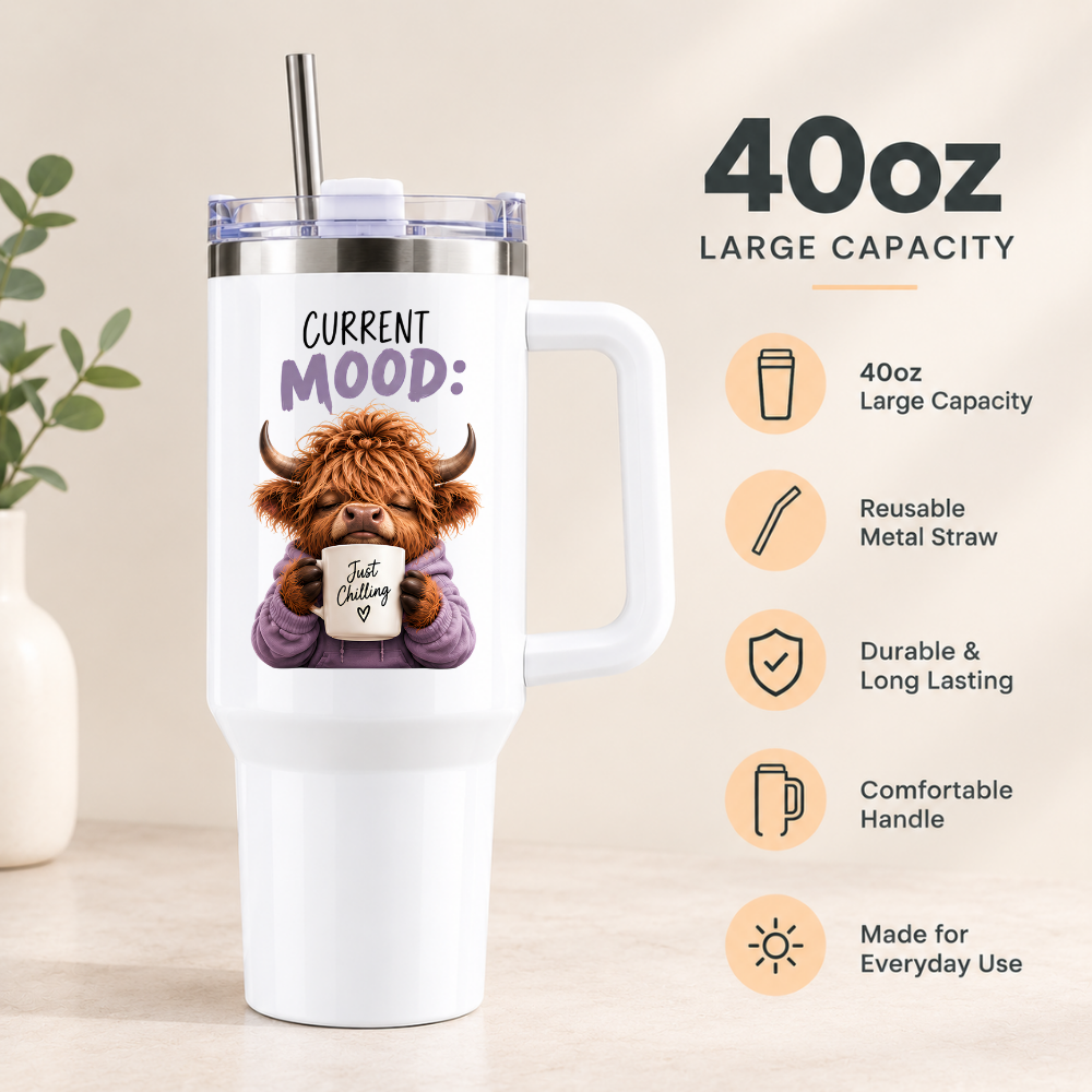 Cute Highland Cow Travel Tumbler "Current Mood: Just Chilling" Graphic 40oz Stainless Steel Insulated Travel Mug with Handle & Straw – Cozy Cow in Purple Hoodie with Coffee Mug Novelty Travel Cup | Fast Dispatch by UK Seller (T3027)