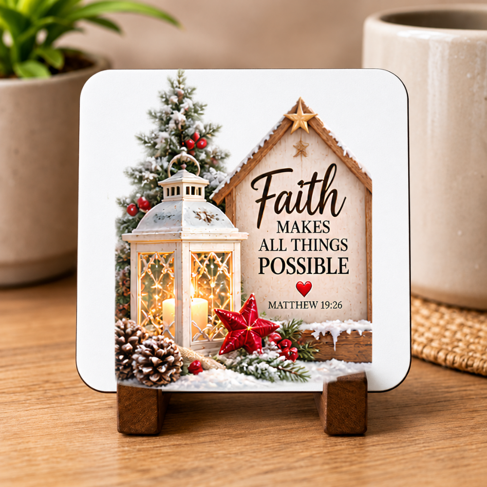 Inspirational Religious Hardboard Coaster "Faith Makes All Things Possible" Graphic 9cm x 9cm Square Drinks Coaster “Vintage Lantern, Wooden Birdhouse Sign & Red Star Ornament Novelty Mat | Christian Glossy Gift | Fast Dispatch by UK Seller (C3046)