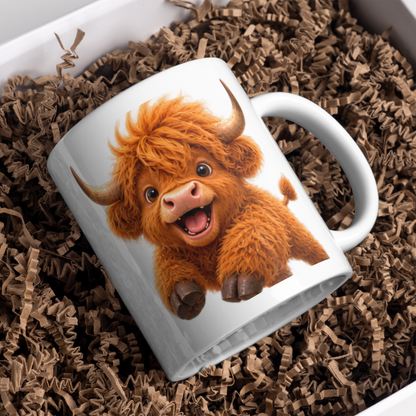 Joyful Jumping Baby Highland Cow Coffee Mug - Cute Playful Farm Animal Ceramic Tea Cup for Happy Morning & Animal Lover Gift (M1216)