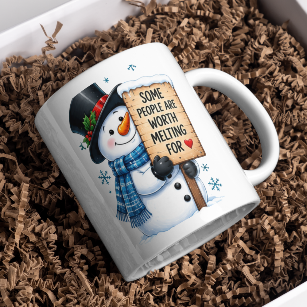 Heartwarming Mug "Some People Are Worth Melting For" Snowman Ceramic Coffee Mug – Cute Winter Holiday Tea Cup with Blue Scarf & Wooden Sign Quote Gift | Available in Multicolours | Fast Dispatch by UK Seller (M1233)