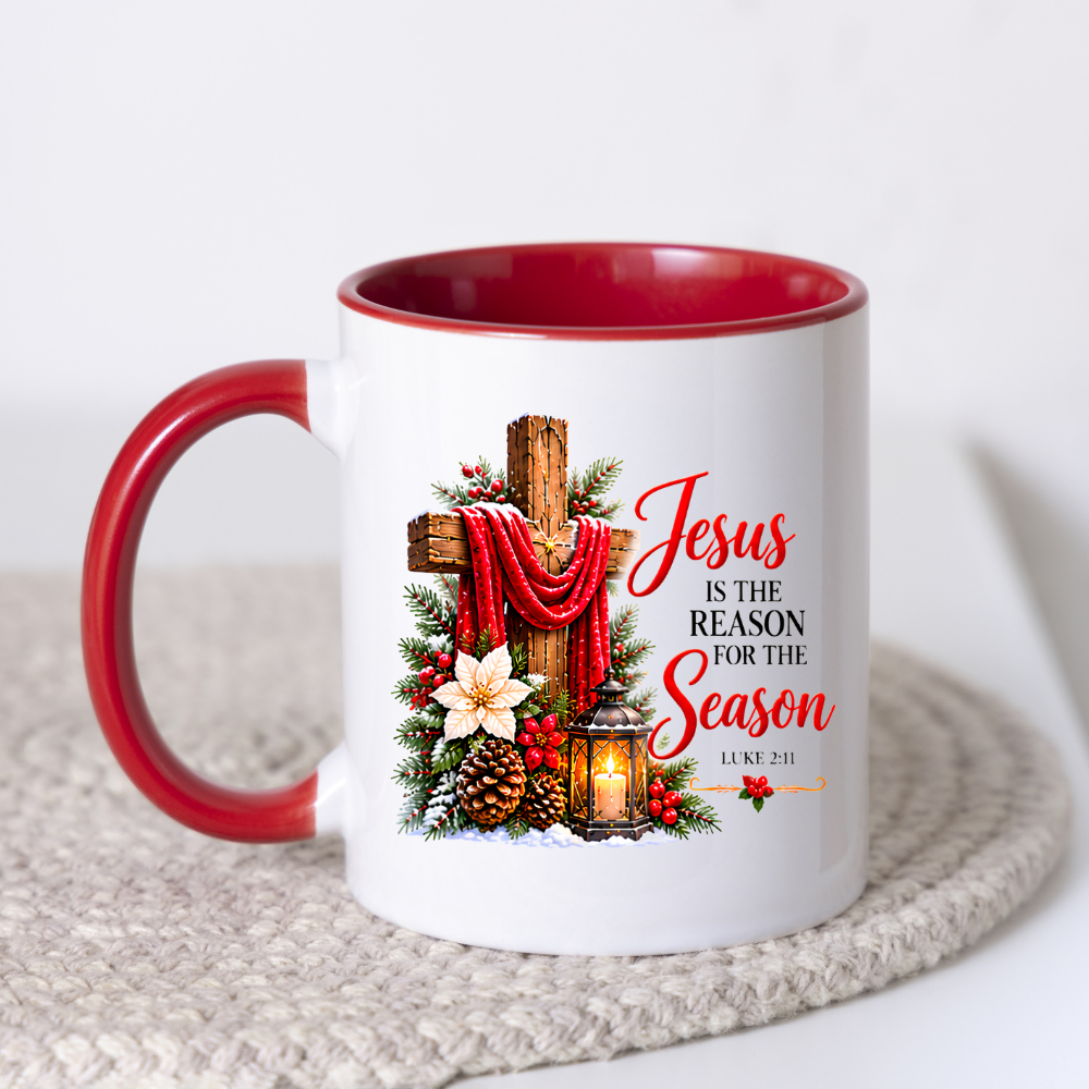 Religious Christmas Mug "Jesus Is The Reason For The Season" Jesus Is The Reason For The Season 325ml Ceramic Coffee Mug – Christian Christmas Cross Mug with Luke 2:11, Lantern & Poinsettia | Religious Holiday Gift | Fast Dispatch by UK Seller (M3337)