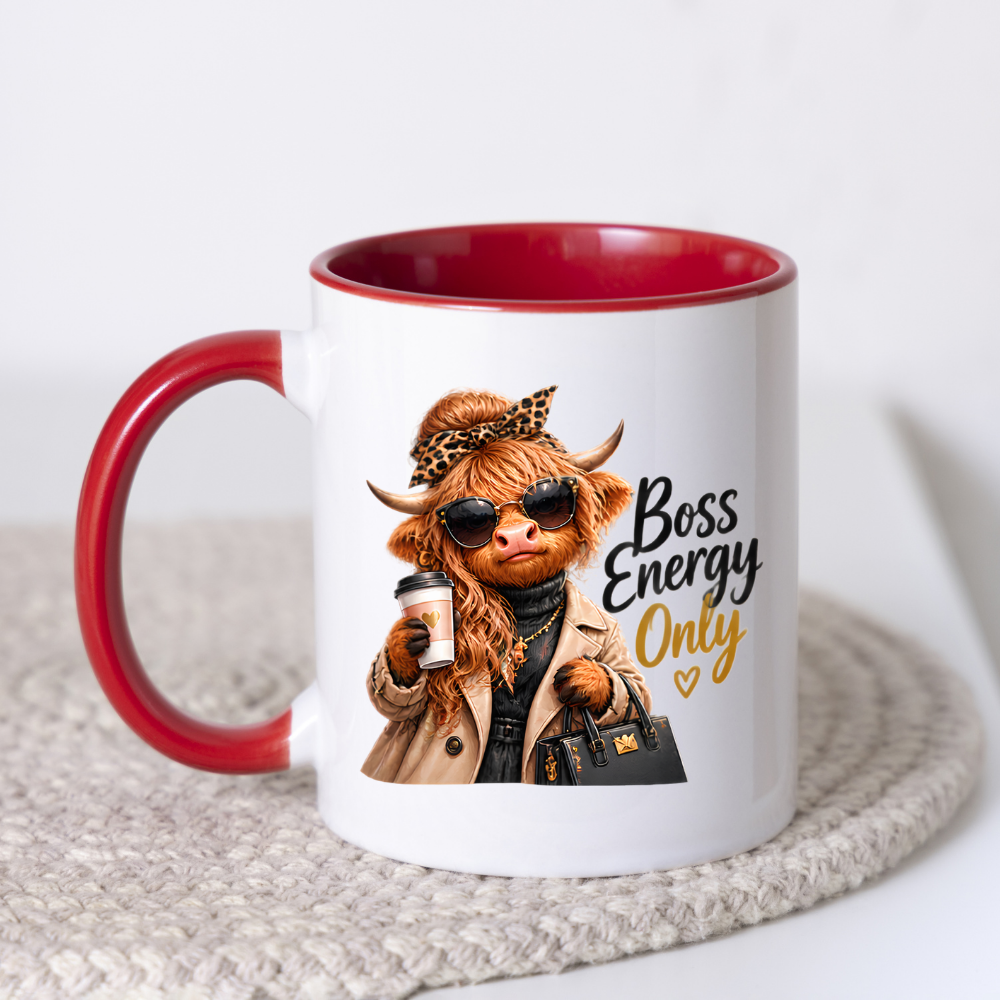 Highland Cow Mug "Boss Energy Only Highland Cow" 325ml Ceramic Coffee Mug – Stylish Highland Cow in Leopard Bow, Trench Coat Sunglasses Holding Coffee Cup Designer Bag Office Boss Gift | Available in Multicolours | Fast Dispatch by UK Seller (M3277)