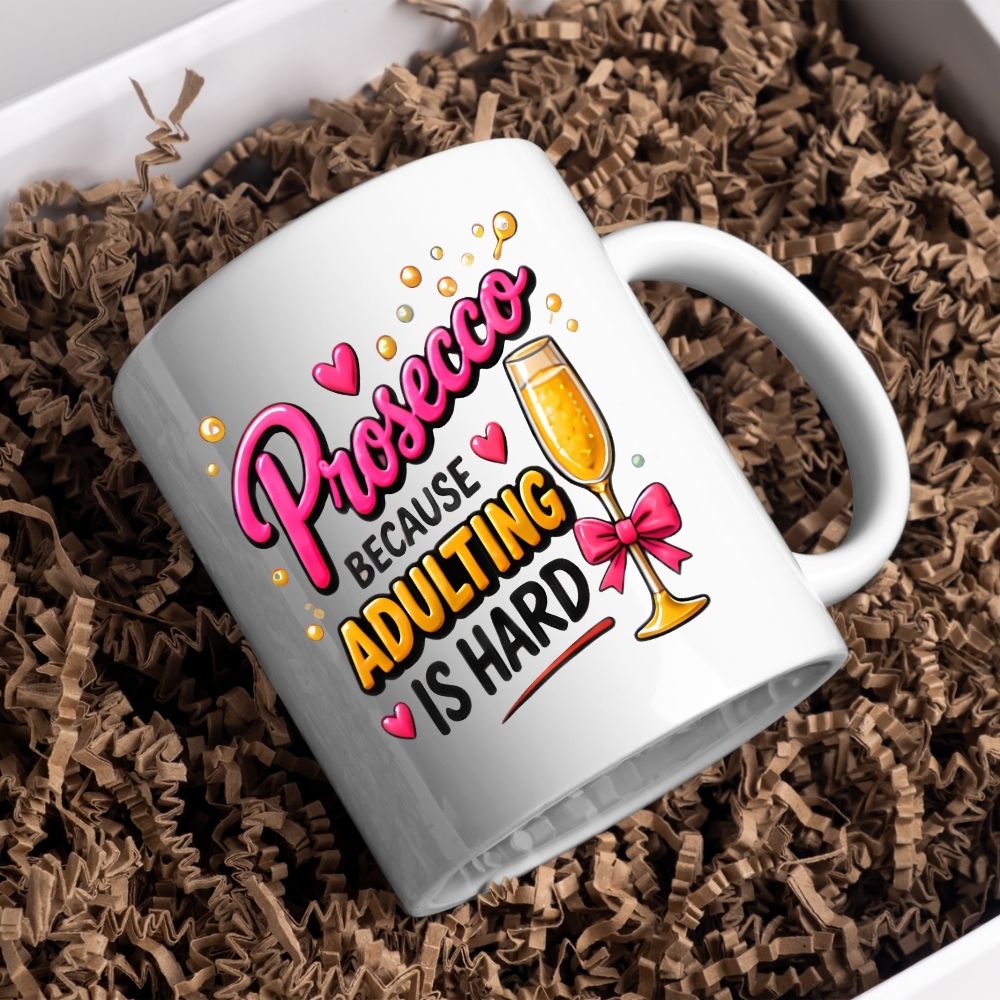 Humorous Mug "Prosecco Because Adulting Is Hard" 325ml Ceramic Coffee Mug Funny Wine Lover Tea Cup with Champagne Flute, Pink Bow & Bubbles Gift | Available in Multicolours | Fast Dispatch by UK Seller (M1303)