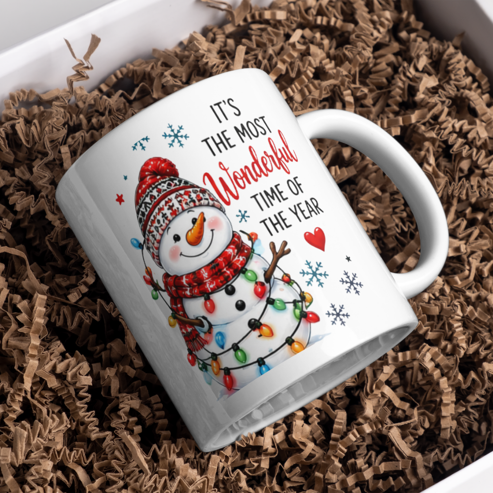 Festive Mug "Most Wonderful Time" Snowman Ceramic Coffee Mug – Cute Winter Holiday Tea Cup with Fairy Lights & Scarf Gift 350ml | Available in Multicolours | Fast Dispatch by UK Seller (M1234)