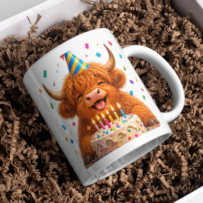 Festive Mug Birthday Highland Cow Ceramic Coffee Mug – Cute Celebration Farm Animal Party Hat & Cake Tea Cup Gift 350ml | Available in Multicolours | Fast Dispatch by UK Seller (M1229)