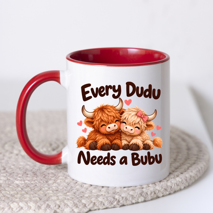 Cute Highland Cow Mug "Every Dudu Needs A Bubu" Every Dudu Needs A Bubu 325ml Ceramic Coffee Mug – Adorable Cuddling Couple Highland Cows with Pink Bow & Floating Hearts | Romantic Couple Gift | Fast Dispatch by UK Seller (M3455)