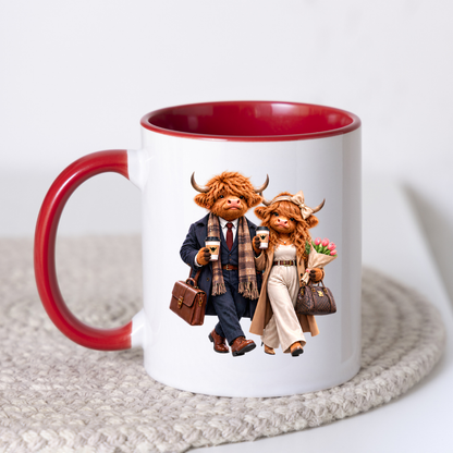 Highland Cow Mug "Dressed To Impress Highland Cow Couple" 325ml Ceramic Coffee Mug – Stylish Highland Cow Couple in Suits Trench Coats Carrying Coffee Romantic Gift For Couples Anniversaries | Available in Multicolours | Fast Dispatch by UK Seller (M3259)