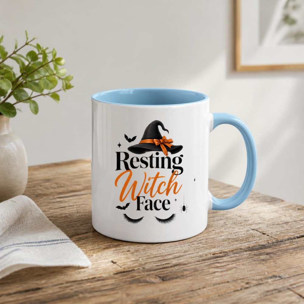 Halloween Mug "Resting Witch Face" Witch Hat 325ml Ceramic Coffee Mug – Sassy Eyelashes Tea Cup with Bow & Spider Graphic Gift | Available in Multicolours | Fast Dispatch by UK Seller (M3076)
