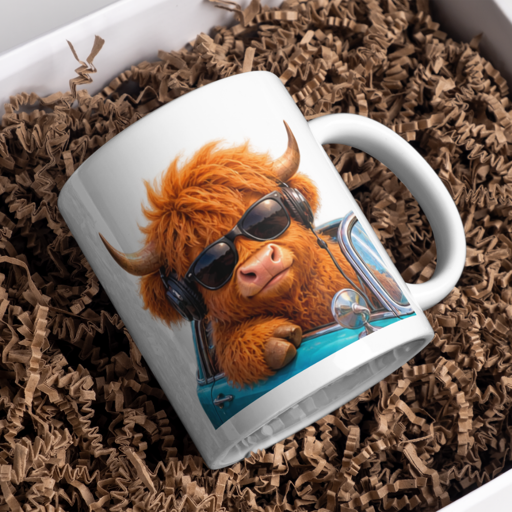 Cool Highland Cow Driving Convertible Car Coffee Mug - Sunglasses & Headphones Farm Animal Ceramic Tea Cup for Drivers & Music Lovers (M1217)