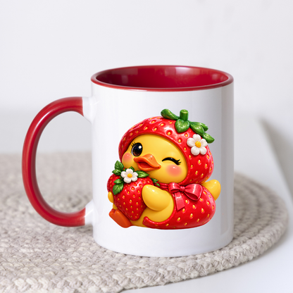 Cute Duck Mug "Winking Strawberry Duckling" Cute Winking Duckling in Strawberry Costume 325ml Ceramic Coffee Mug – Adorable Yellow Duck Hugging Fresh Strawberry Sweet Gift | Available in Multicolours | Fast Dispatch by UK Seller (M3289)