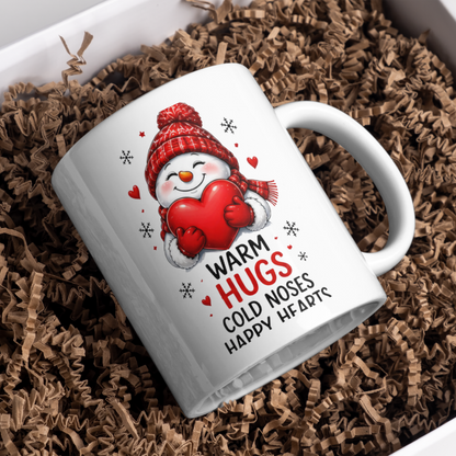 Heartwarming Mug "Warm Hugs" Snowman Ceramic Coffee Mug – Cute Winter Holiday Tea Cup with Red Heart & Scarf Gift 350ml | Available in Multicolours | Fast Dispatch by UK Seller (M1232)