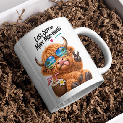 Novelty Mug Relaxing Tropical Highland Cow "Less Stress More Moo-ments" Ceramic Coffee Mug – Beach Vacation Farm Animal with Sunglasses & Coconut Drink Tea Cup Gift | Available in Multicolours | Fast Dispatch by UK Seller (M1226)