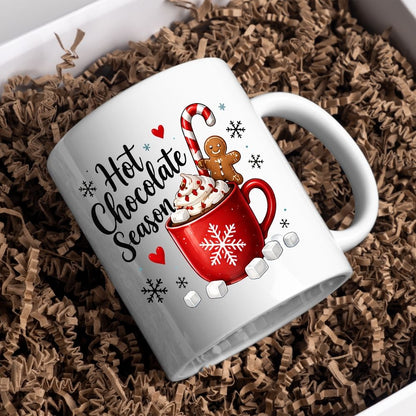 Cozy Mug "Hot Chocolate Season" Red Snowflake 325ml Ceramic Coffee Mug – Winter Holiday Tea Cup with Marshmallows, Gingerbread Man & Candy Cane | Available in Multicolours | Fast Dispatch by UK Seller (M1270)