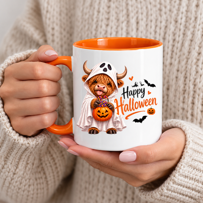 Halloween Mug "Highland Cow Ghost Happy Halloween" Highland Cow Ghost Happy Halloween 325ml Ceramic Coffee Mug – Cute Halloween Autumn Tea Cup With Ghost Sheet Highland Cow Trick Or Treat Sweets Bats Graphic Gift | Fast Dispatch by UK Seller (M3217)