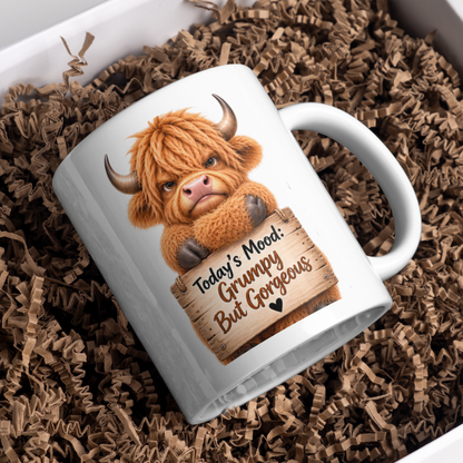 Grumpy Mug But Gorgeous Highland Cow Ceramic Coffee Mug – Funny Sassy Farm Animal Wooden Sign Quote Tea Cup Gift 350ml | Available in Multicolours | Fast Dispatch by UK Seller (M1227)