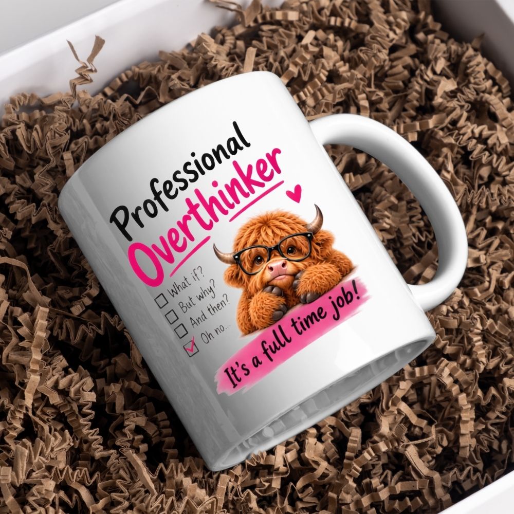 Humorous Mug "Professional Overthinker" Highland Cow 325ml Ceramic Coffee Mug Funny Relatable Tea Cup with Glasses & Checklist Gift | Available in Multicolours | Fast Dispatch by UK Seller (M1289)