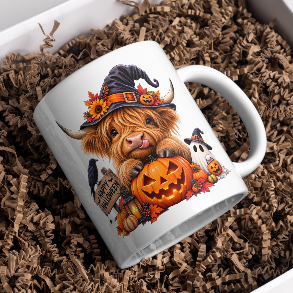Spooky Cute Halloween Highland Cow Coffee Mug - Witch Hat & Jack-o'-Lantern Pumpkin Ceramic Tea Cup for Fall & Spooky Season Decor (M1212)