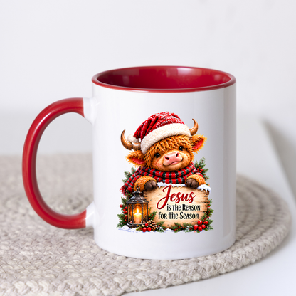 Religious Christmas Mug "Jesus Is The Reason For The Season" Highland Cow Jesus Is The Reason For The Season 325ml Ceramic Coffee Mug – Cute Highland Cow Santa Mug with Sign, Lantern & Berries | Festive Religious Gift | Fast Dispatch by UK Seller (M3351)